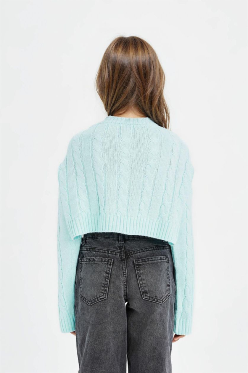 Kız Çocuk - Genç Kız Deniz Mavisi Crop Bisiklet Yaka Saç Örgülü Triko Kazak Kız Çocuk