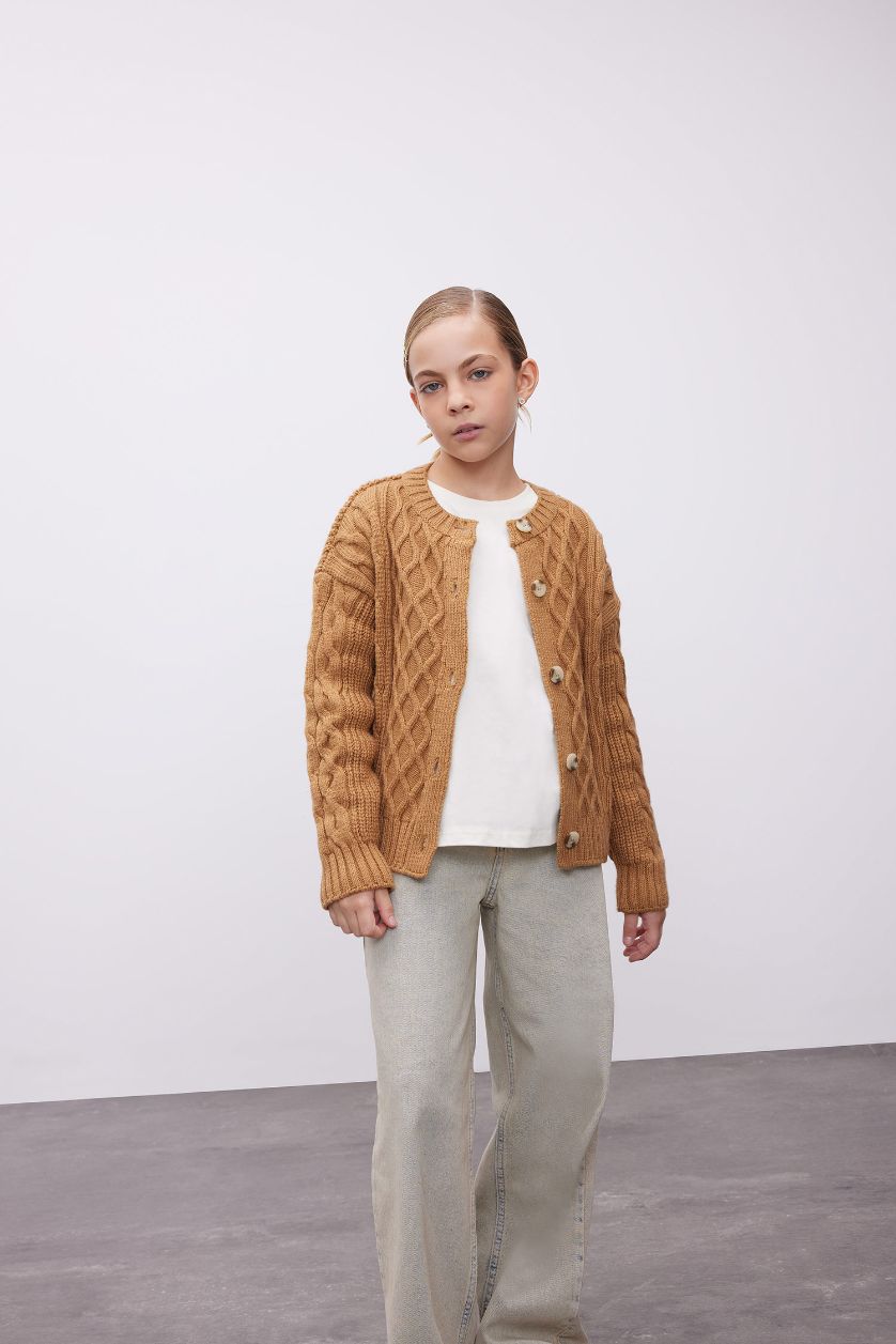 Девочки и подростки Бежевый меланж Кардиган с круглым вырезом для девочек