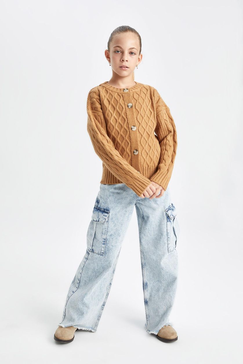 Девочки и подростки Бежевый меланж Кардиган с круглым вырезом для девочек