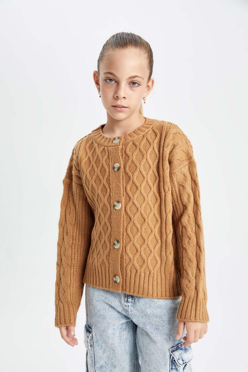 Девочки и подростки Бежевый меланж Кардиган с круглым вырезом для девочек