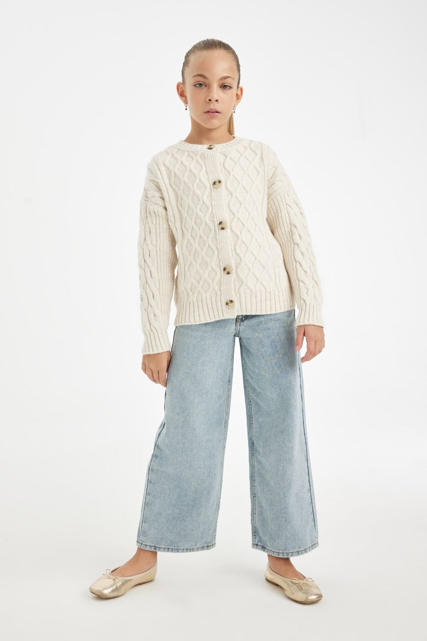 Девочки и подростки Бежевый Кардиган с круглым вырезом для девочек