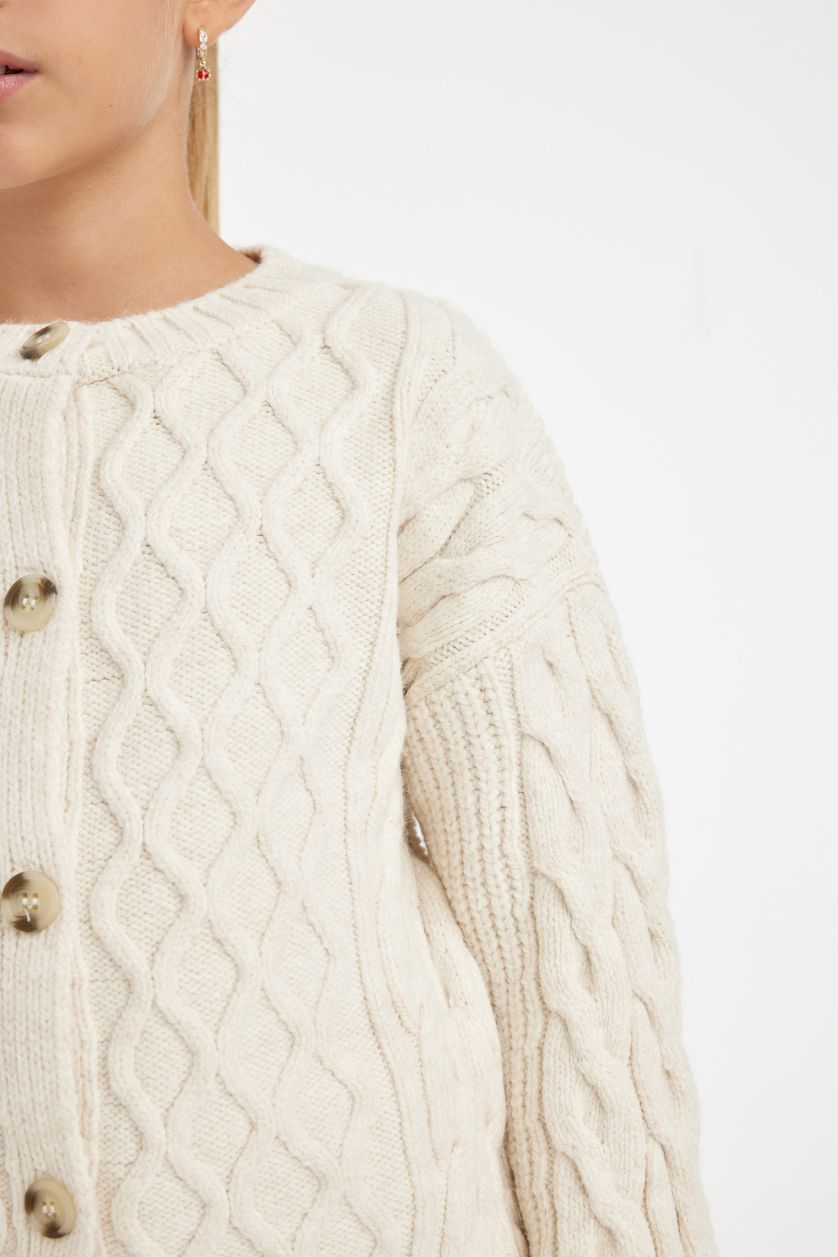 Девочки и подростки Бежевый Кардиган с круглым вырезом для девочек