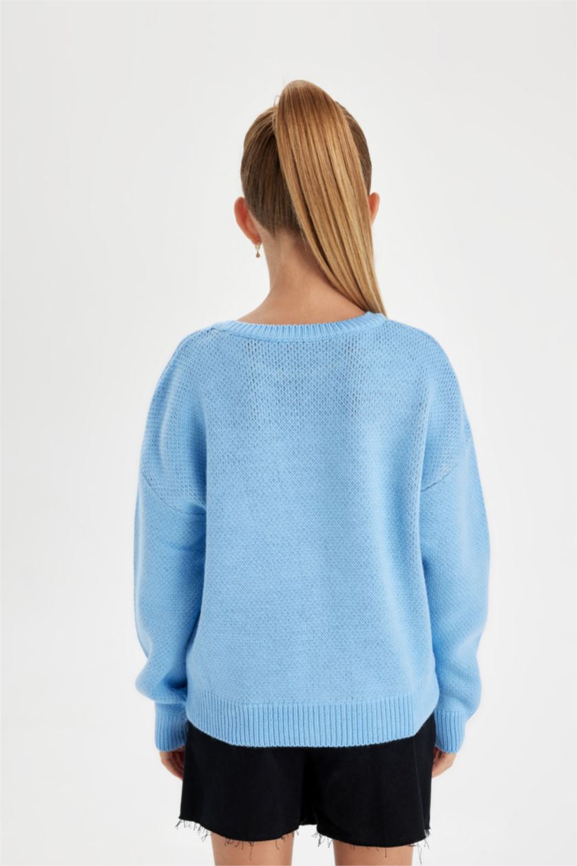 Kız Çocuk - Genç Kız Mavi Oversize Geniş Kalıp Bisiklet Yaka Ayıcık Desenli Triko Kazak Kız Çocuk