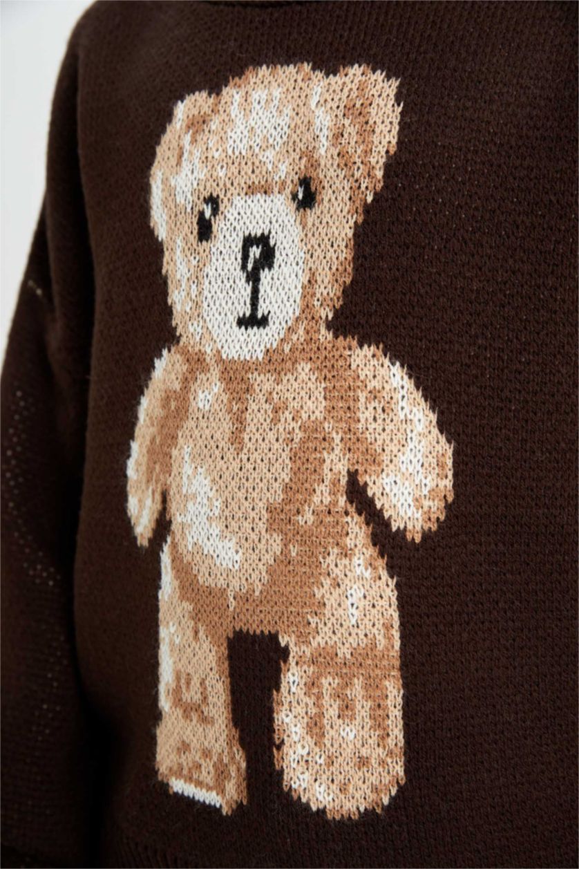 Kız Çocuk - Genç Kız Kahve Oversize Geniş Kalıp Bisiklet Yaka Ayıcık Desenli Triko Kazak Kız Çocuk