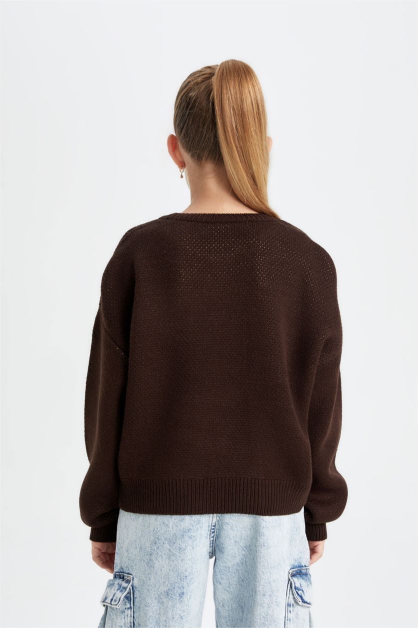 Kız Çocuk - Genç Kız Kahve Oversize Geniş Kalıp Bisiklet Yaka Ayıcık Desenli Triko Kazak Kız Çocuk