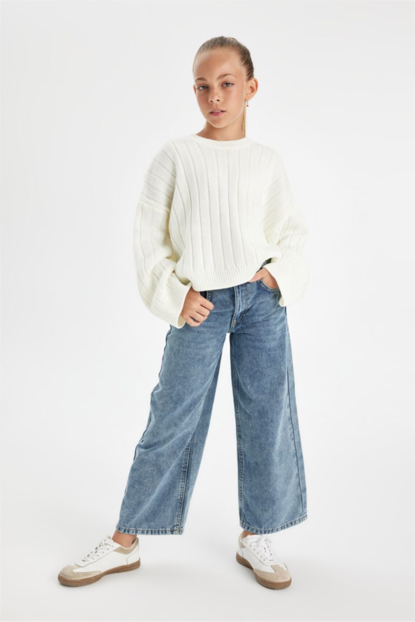 FILLES Écru Pull en tricot oversize Blanc cassé basique à col rond pour Fille