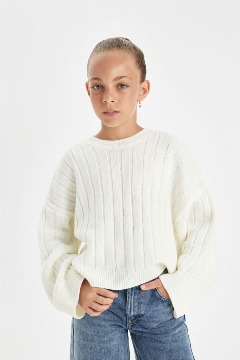 FILLES Écru Pull en tricot oversize Blanc cassé basique à col rond pour Fille