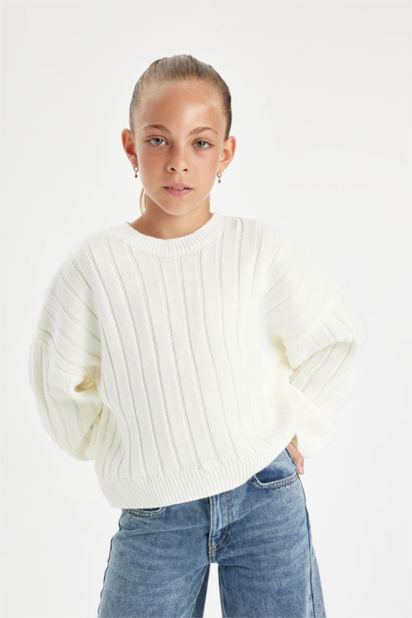 FILLES Écru Pull en tricot oversize Blanc cassé basique à col rond pour Fille