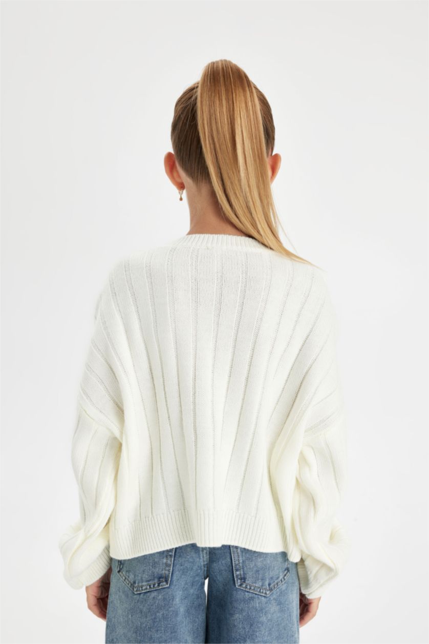 FILLES Écru Pull en tricot oversize Blanc cassé basique à col rond pour Fille