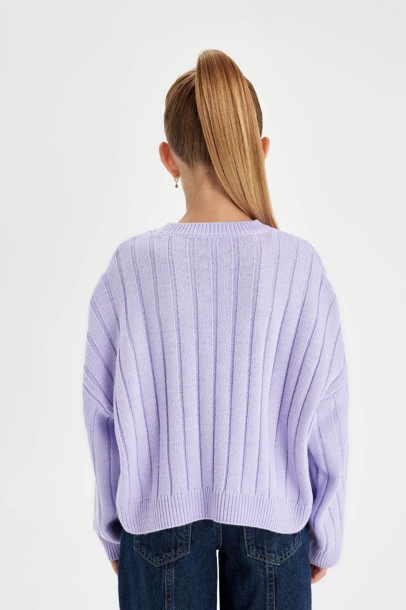 بنات أرجواني بلوفر بناتي واسع برقبة مستديرة