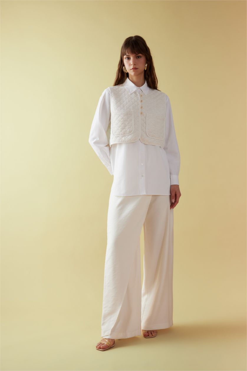 نساء أبيض تونيك كم طويل بوبلين قصة مريحة وياقة قميص