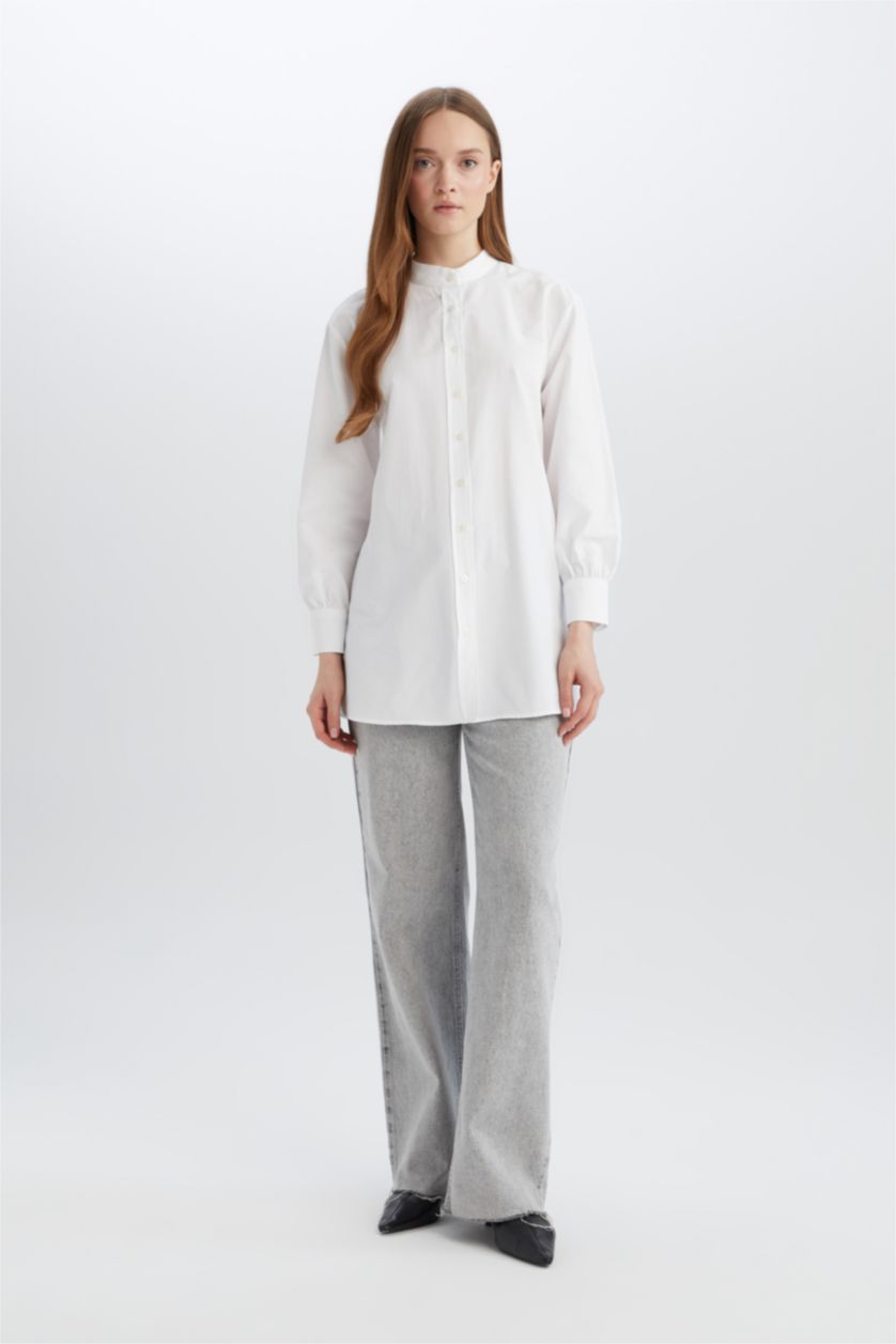 نساء أبيض تونيك كم طويل بوبلين قصة مريحة وياقة قميص