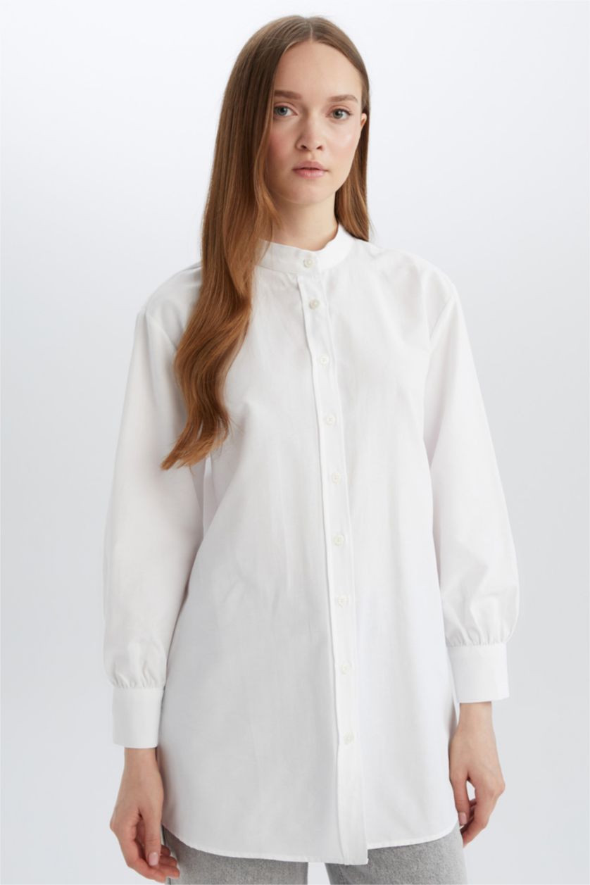 نساء أبيض تونيك كم طويل بوبلين قصة مريحة وياقة قميص