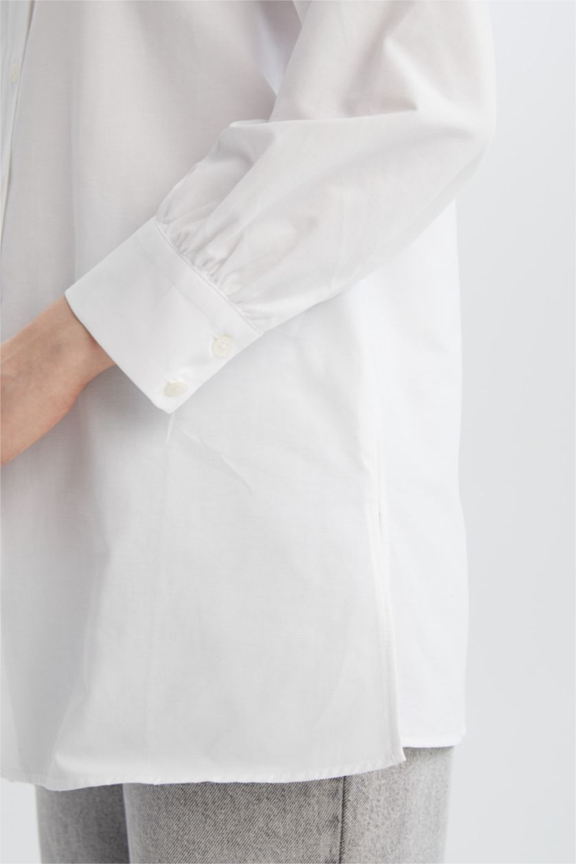 نساء أبيض تونيك كم طويل بوبلين قصة مريحة وياقة قميص