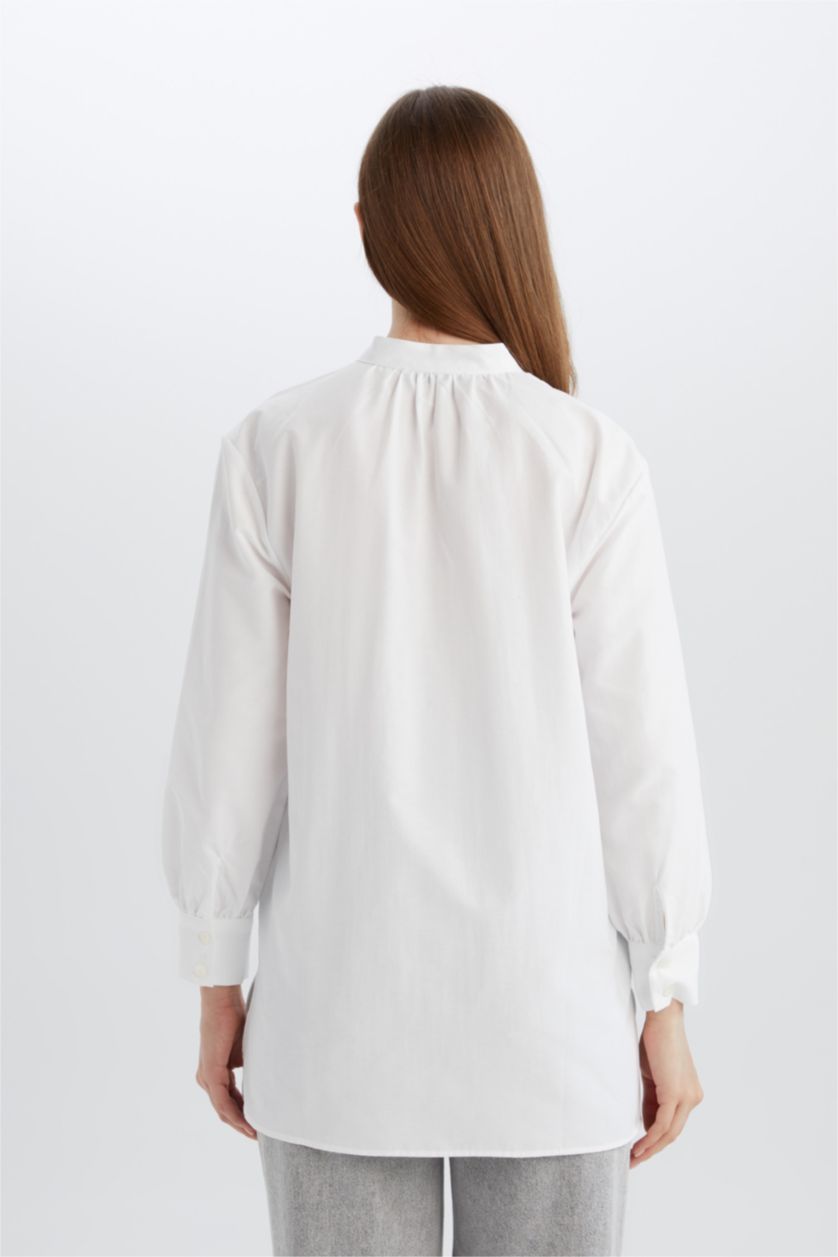 نساء أبيض تونيك كم طويل بوبلين قصة مريحة وياقة قميص