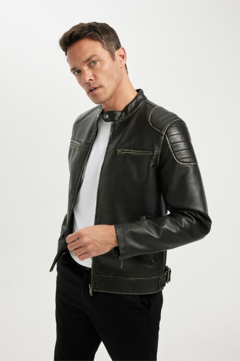 Erkek Siyah Siyah Slim Fit Dar Kesim Dik Yaka Fermuarlı Dört Cepli Astarlı Mevsimlik Hafif İnce Suni Deri Mont Ceket