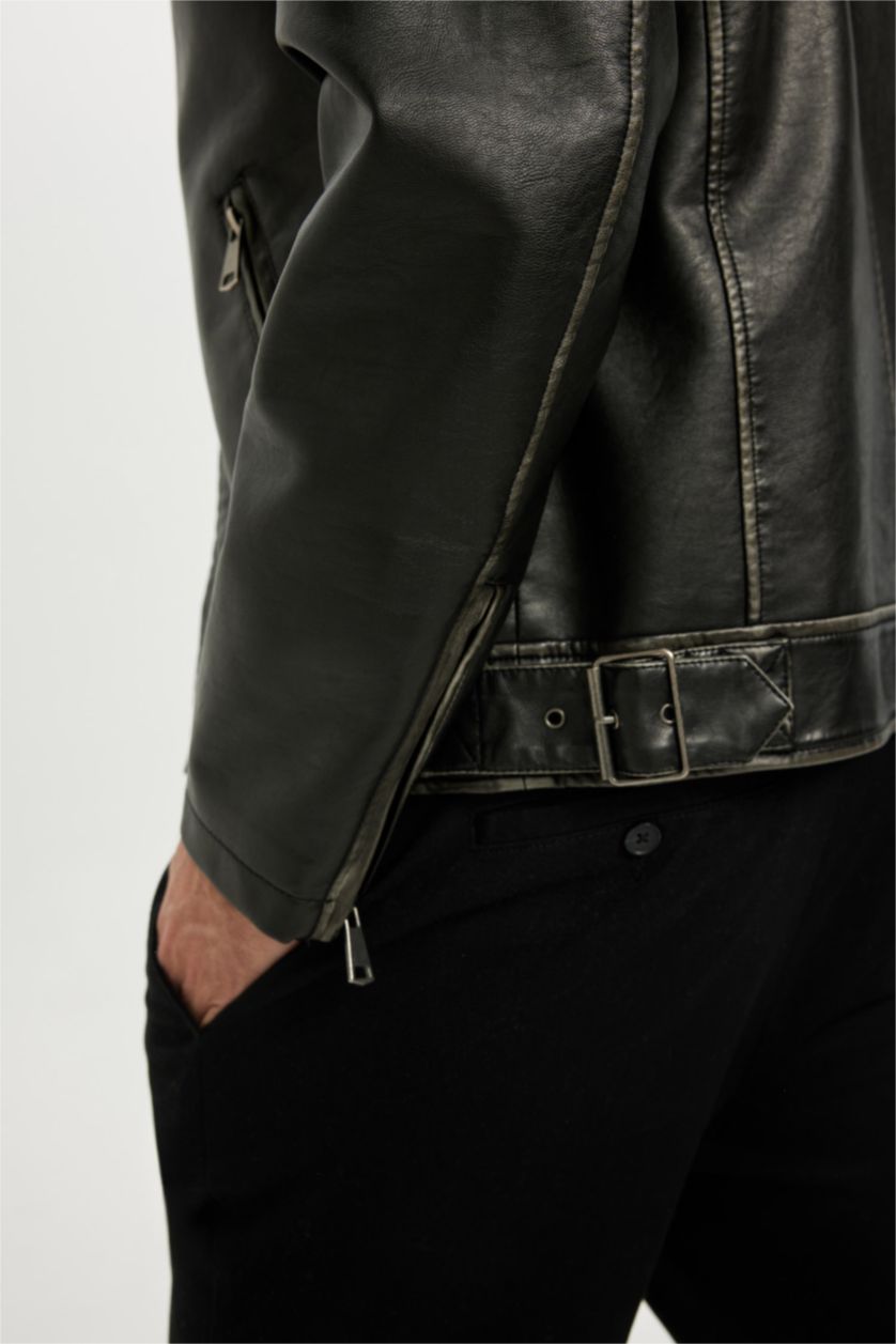 Erkek Siyah Siyah Slim Fit Dar Kesim Dik Yaka Fermuarlı Dört Cepli Astarlı Mevsimlik Hafif İnce Suni Deri Mont Ceket