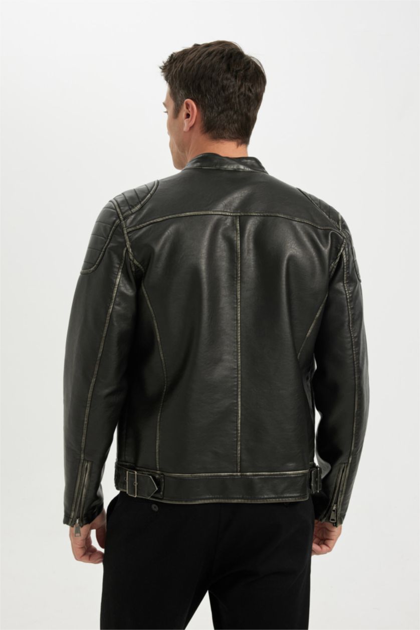 Erkek Siyah Siyah Slim Fit Dar Kesim Dik Yaka Fermuarlı Dört Cepli Astarlı Mevsimlik Hafif İnce Suni Deri Mont Ceket