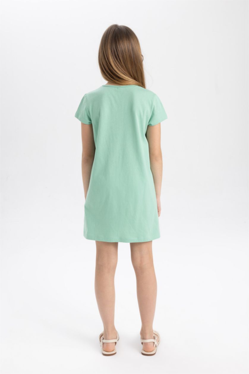 Kız Çocuk - Genç Kız Açık Yeşil Kız Çocuk Baskılı Kısa Kollu Elbise