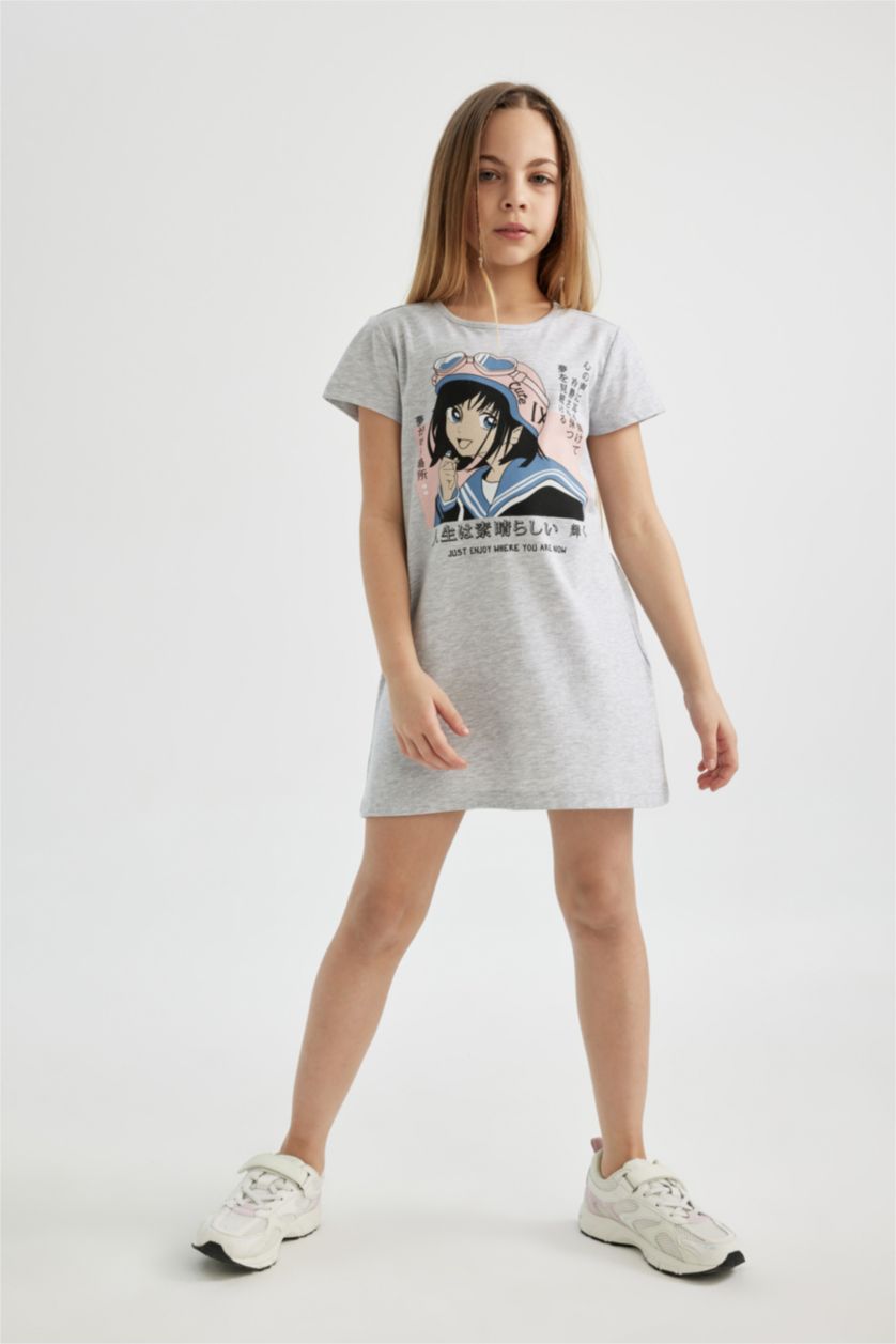 Kız Çocuk - Genç Kız Gri Melanj Kız Çocuk Kısa Kollu Baskılı Elbise