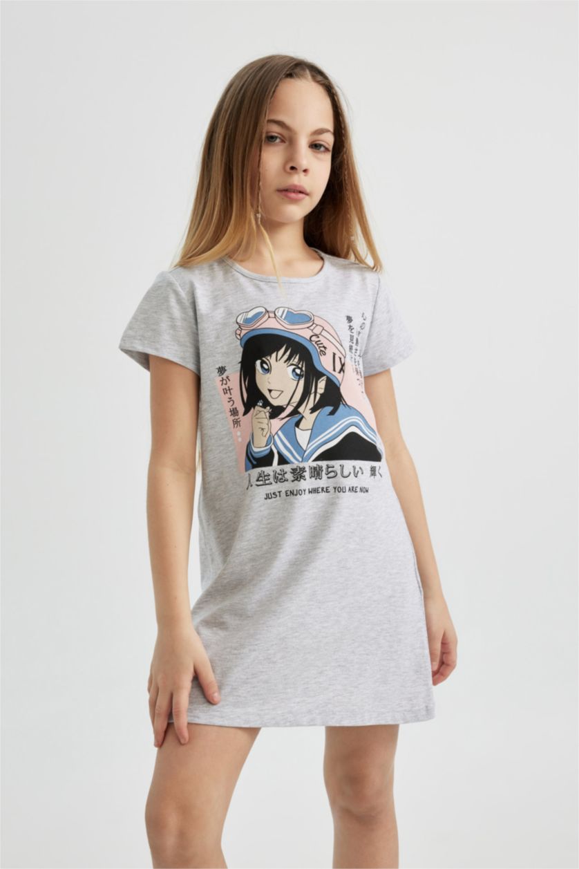 Kız Çocuk - Genç Kız Gri Melanj Kız Çocuk Kısa Kollu Baskılı Elbise