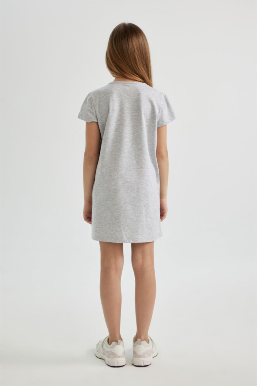 Kız Çocuk - Genç Kız Gri Melanj Kız Çocuk Kısa Kollu Baskılı Elbise