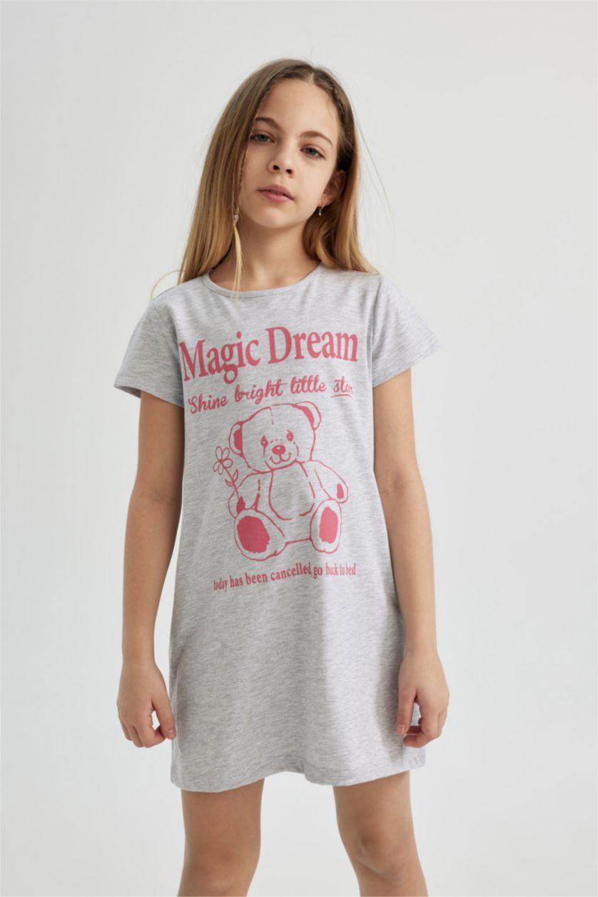 GIRLS & TEENS Grey Melange Girl Half Sleeve Printed Dress