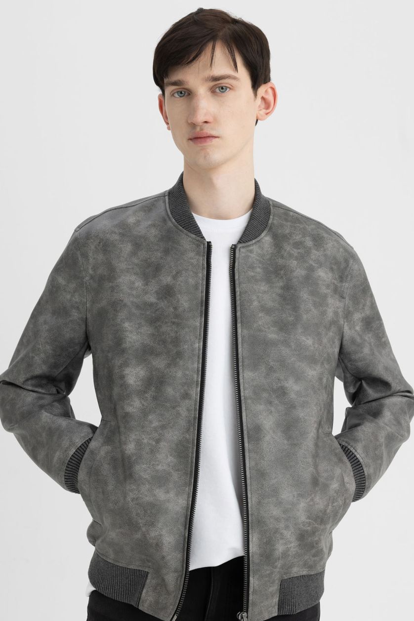 Man Anthracite Melange Slim Fit Lined Faux Leather Jacket