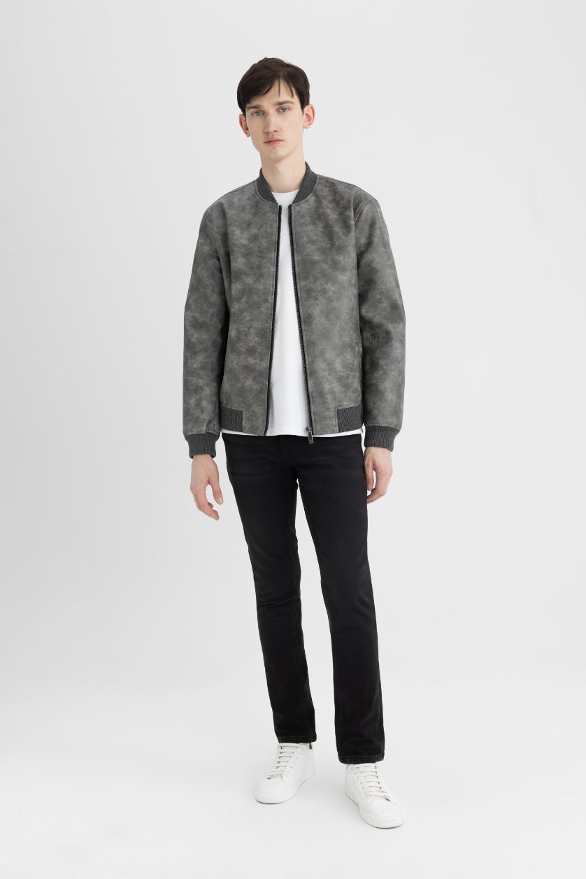 Man Anthracite Melange Slim Fit Lined Faux Leather Jacket