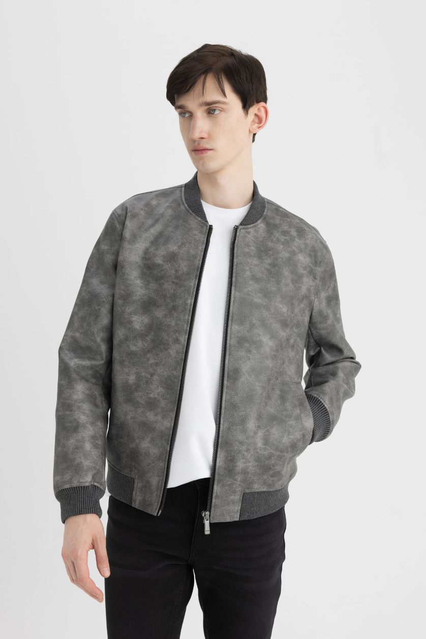 Man Anthracite Melange Slim Fit Lined Faux Leather Jacket