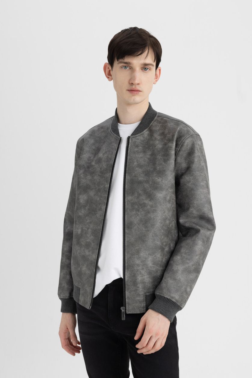 Man Anthracite Melange Slim Fit Lined Faux Leather Jacket