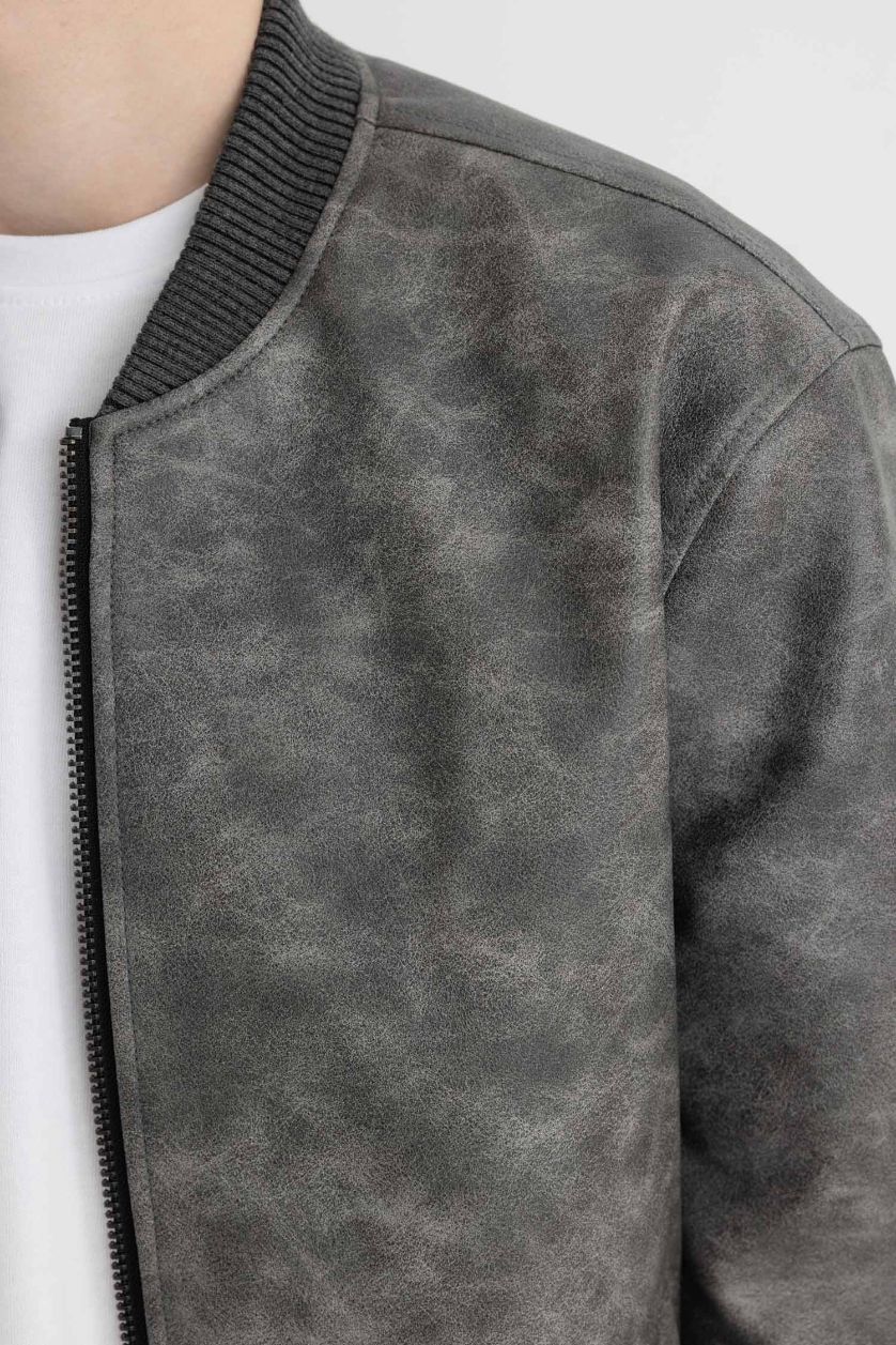 Man Anthracite Melange Slim Fit Lined Faux Leather Jacket