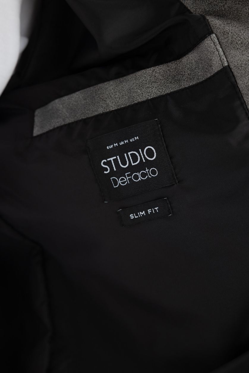 Man Anthracite Melange Slim Fit Lined Faux Leather Jacket