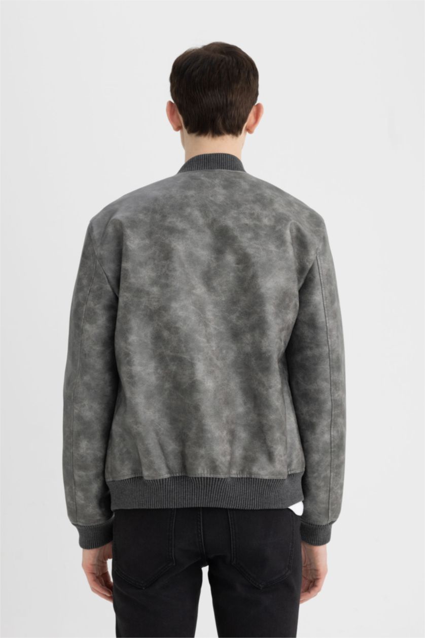 Man Anthracite Melange Slim Fit Lined Faux Leather Jacket