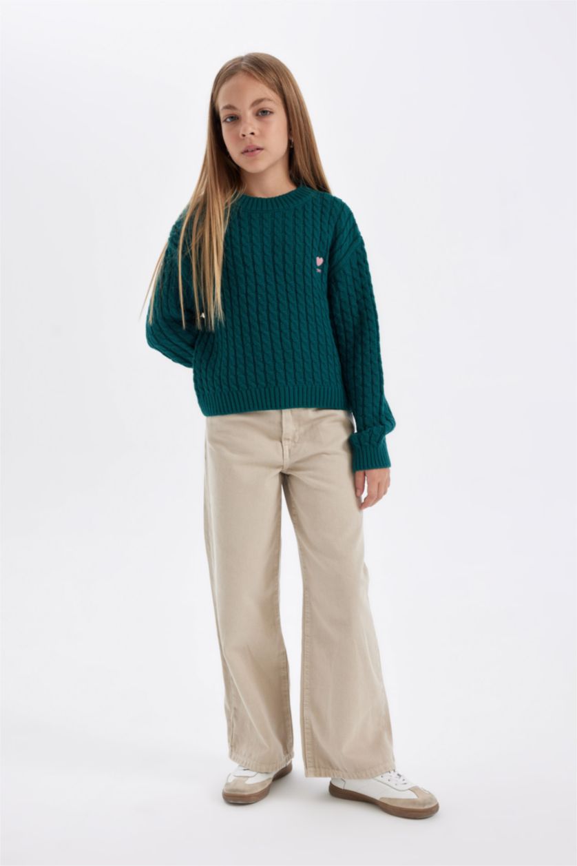 Kız Çocuk - Genç Kız Koyu Yeşil Kız Çocuk Koyu Yeşil Standart Fit Bisiklet Yaka Triko Kazak