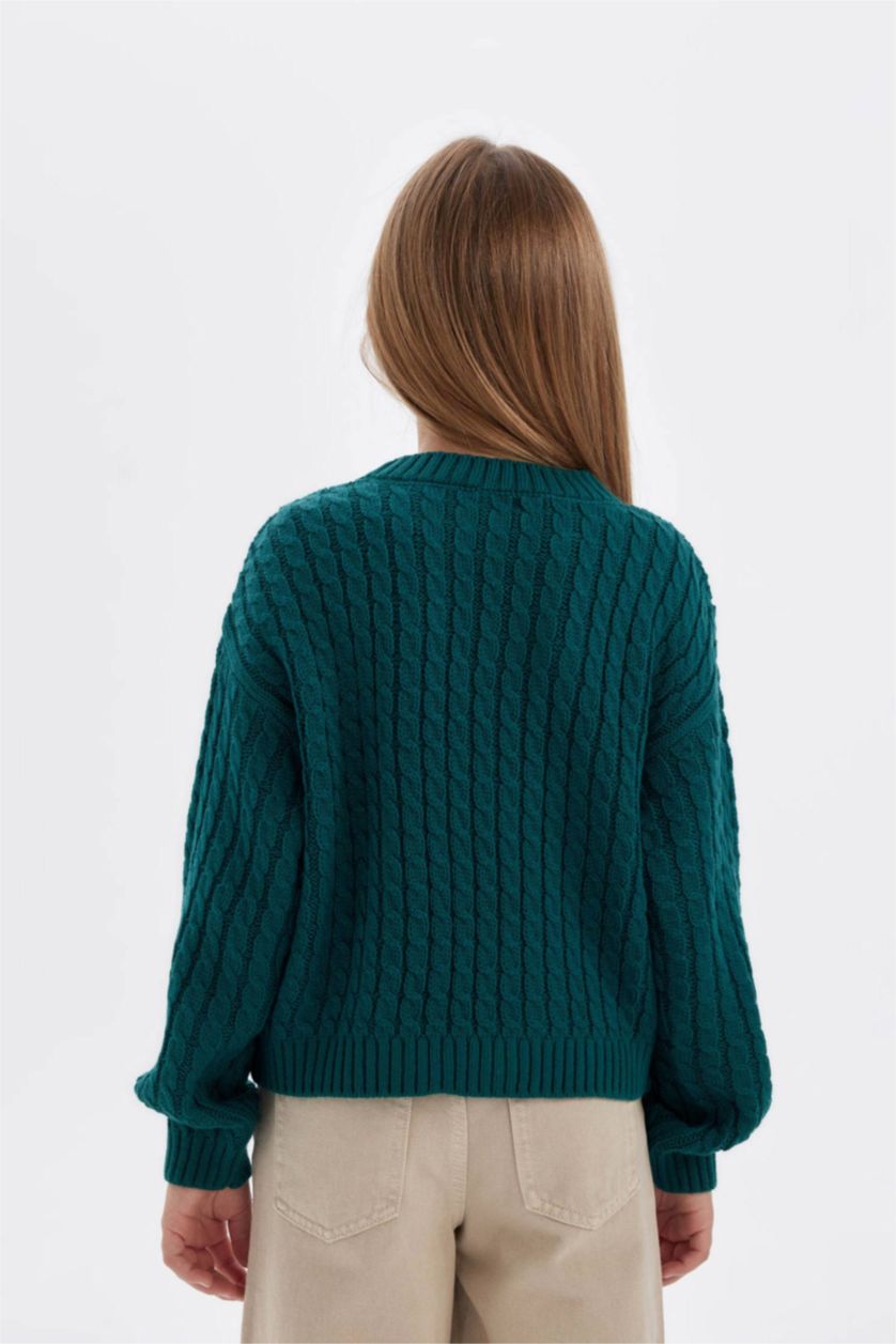 Kız Çocuk - Genç Kız Koyu Yeşil Kız Çocuk Koyu Yeşil Standart Fit Bisiklet Yaka Triko Kazak