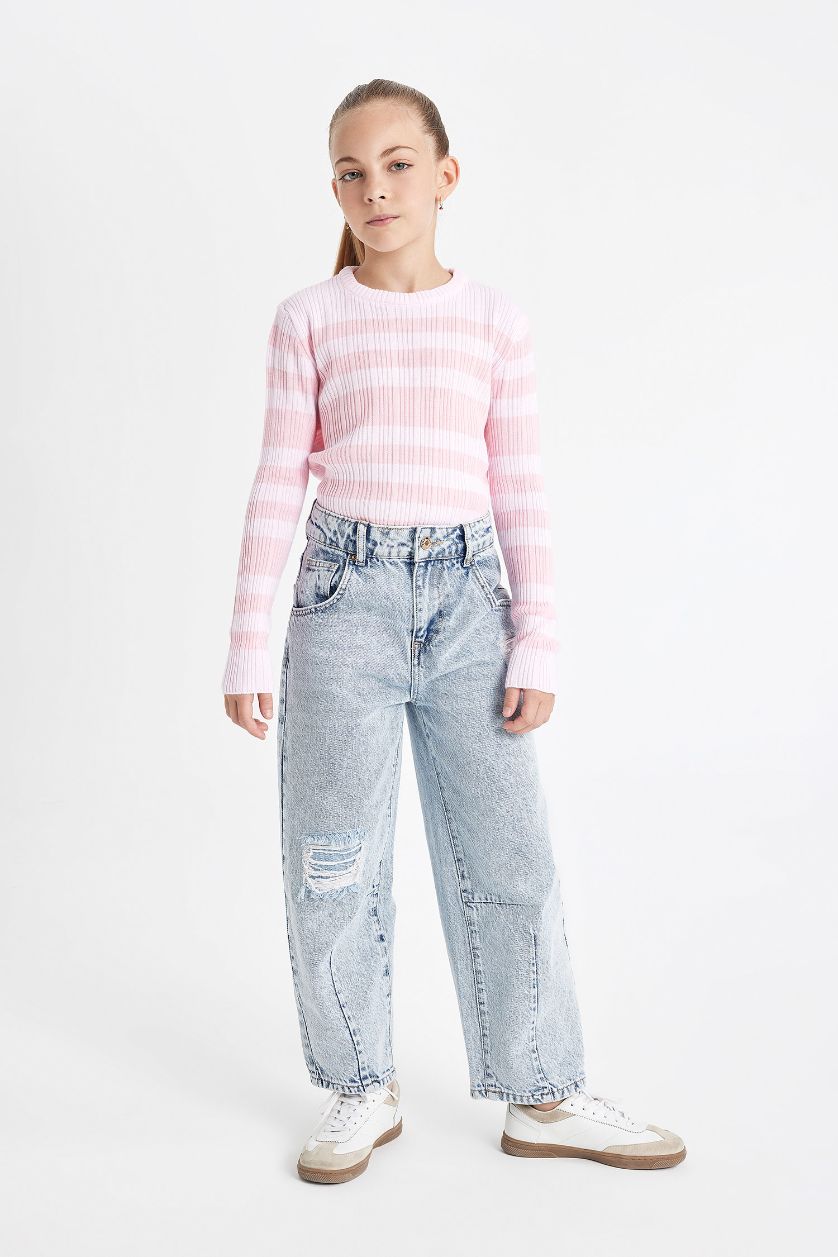 GIRLS & TEENS Light Pink Girl Pink Striped Standard Fit Crew Neck Tight Knitted Pullover