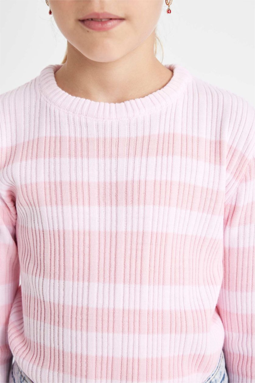 GIRLS & TEENS Light Pink Girl Pink Striped Standard Fit Crew Neck Tight Knitted Pullover