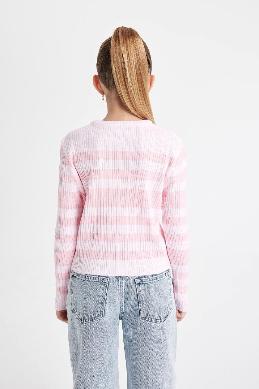 GIRLS & TEENS Light Pink Girl Pink Striped Standard Fit Crew Neck Tight Knitted Pullover