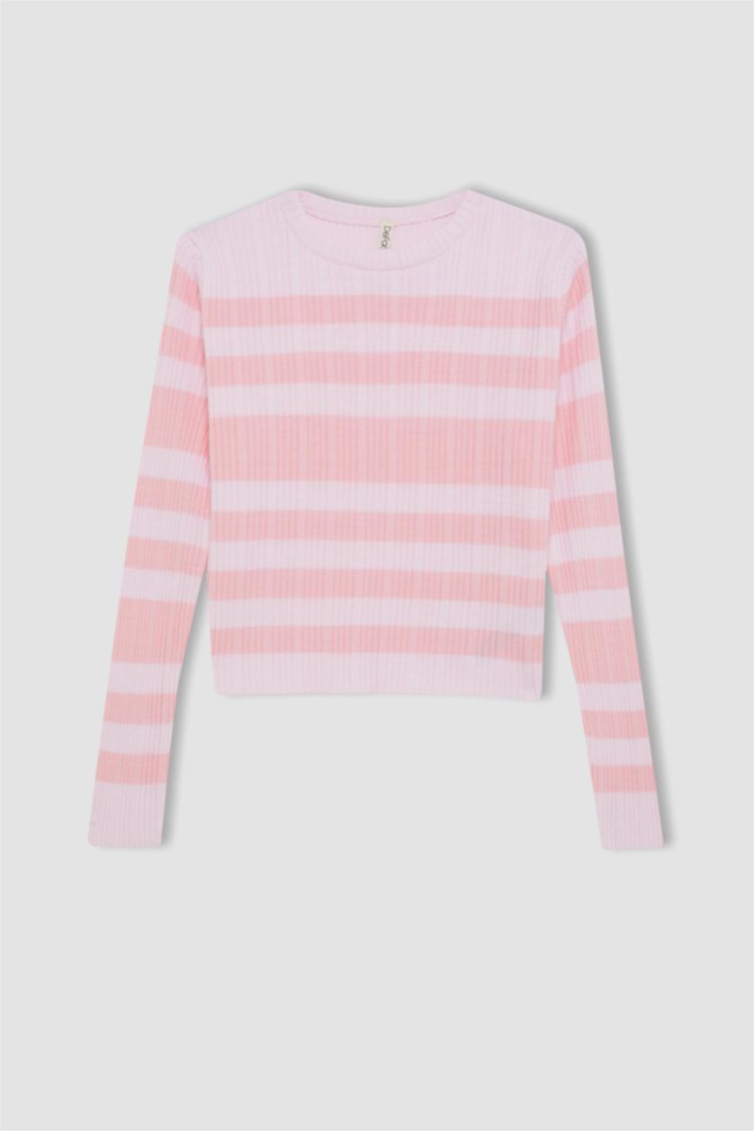 GIRLS & TEENS Light Pink Girl Pink Striped Standard Fit Crew Neck Tight Knitted Pullover