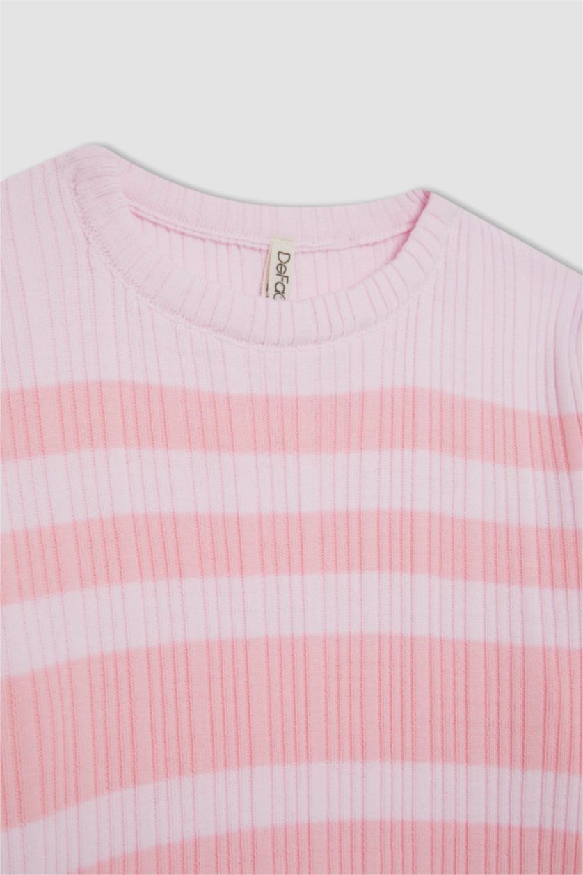 GIRLS & TEENS Light Pink Girl Pink Striped Standard Fit Crew Neck Tight Knitted Pullover