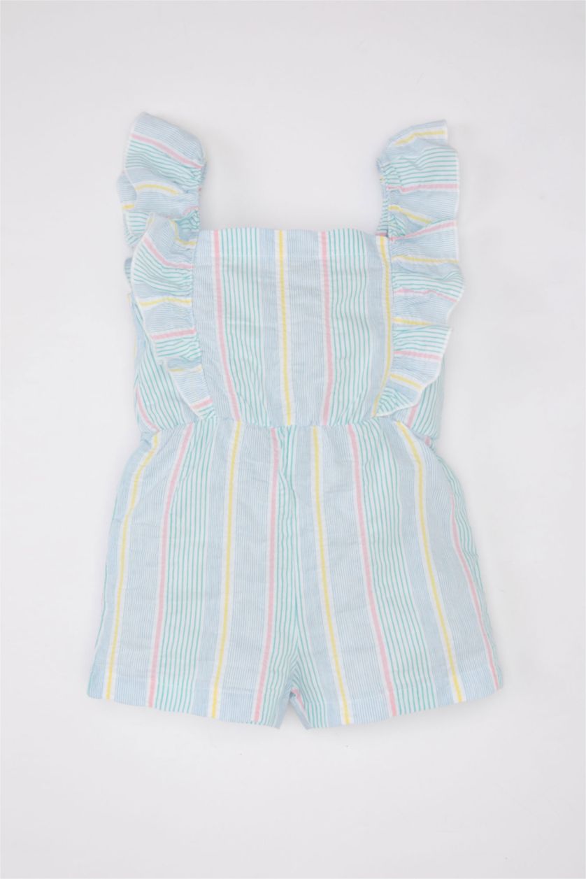 Kız Bebek Deniz Mavisi Kız Bebek Askılı Çizgili Poplin Tulum