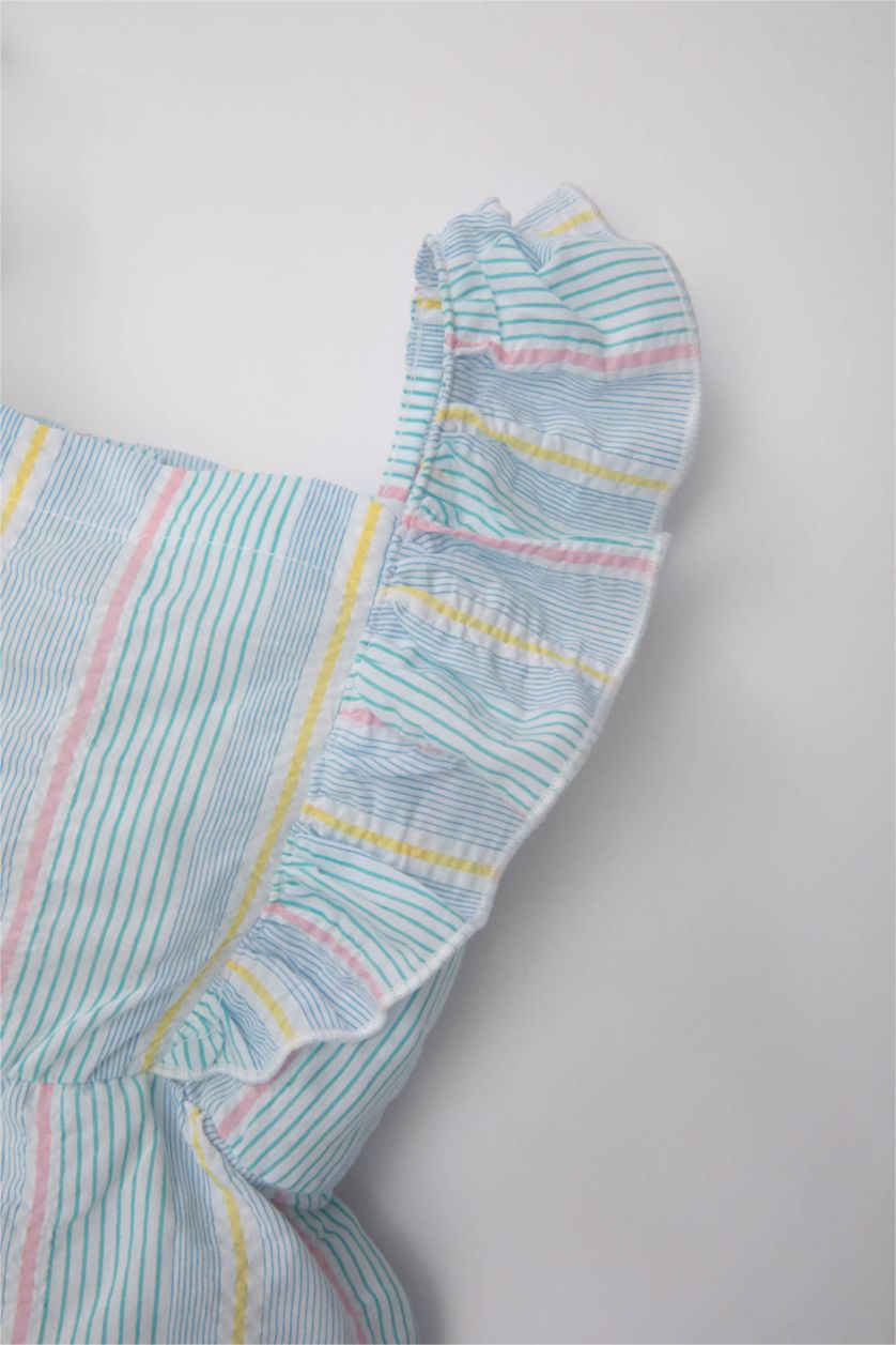 Kız Bebek Deniz Mavisi Kız Bebek Askılı Çizgili Poplin Tulum