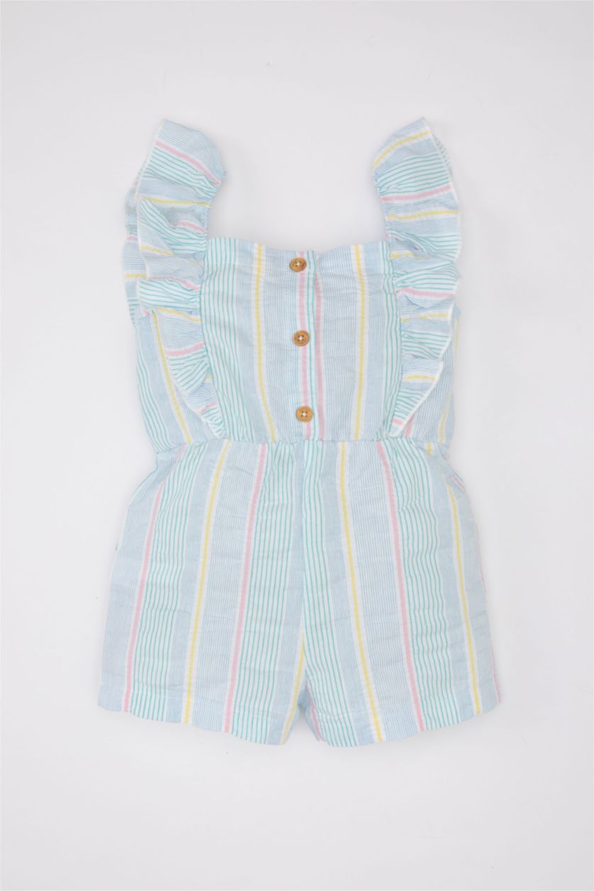 Kız Bebek Deniz Mavisi Kız Bebek Askılı Çizgili Poplin Tulum