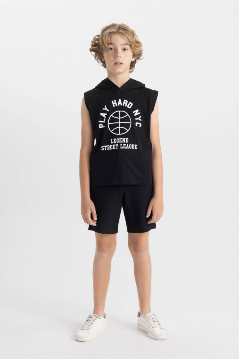 BOYS & TEENS Black Boy Printed Hooded T-Shirt Shorts 2 Piece Set