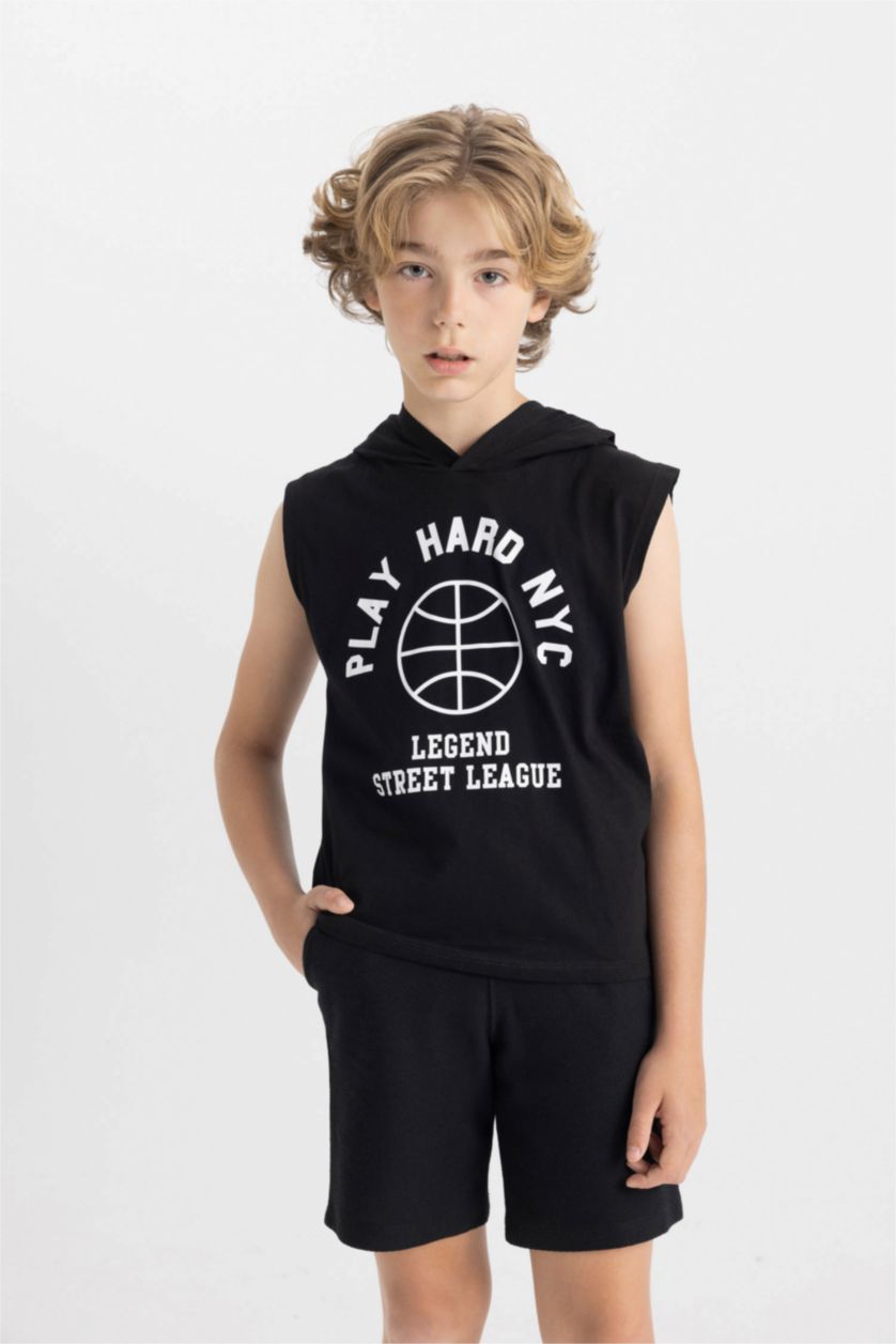 BOYS & TEENS Black Boy Printed Hooded T-Shirt Shorts 2 Piece Set