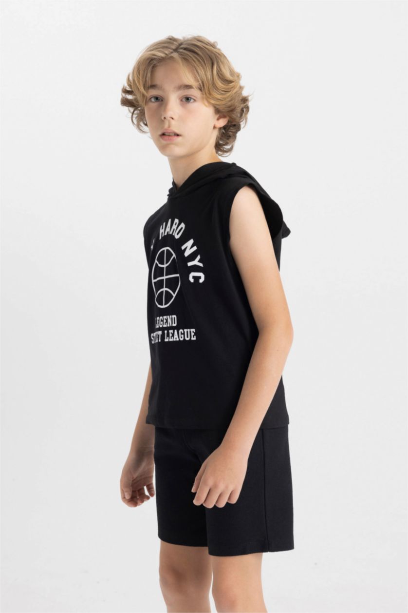 BOYS & TEENS Black Boy Printed Hooded T-Shirt Shorts 2 Piece Set