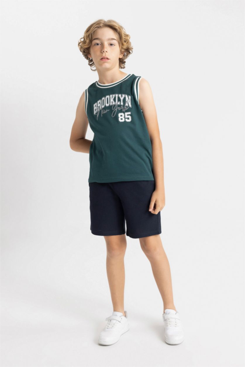 Erkek Çocuk - Genç Erkek Koyu Yeşil Erkek Çocuk 2'li Takım Bisiklet Yaka Baskılı Atlet Şort