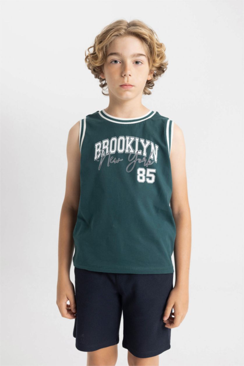 Erkek Çocuk - Genç Erkek Koyu Yeşil Erkek Çocuk 2'li Takım Bisiklet Yaka Baskılı Atlet Şort