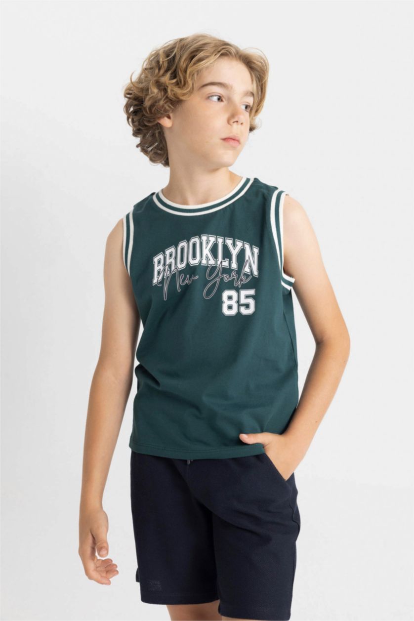 Erkek Çocuk - Genç Erkek Koyu Yeşil Erkek Çocuk 2'li Takım Bisiklet Yaka Baskılı Atlet Şort